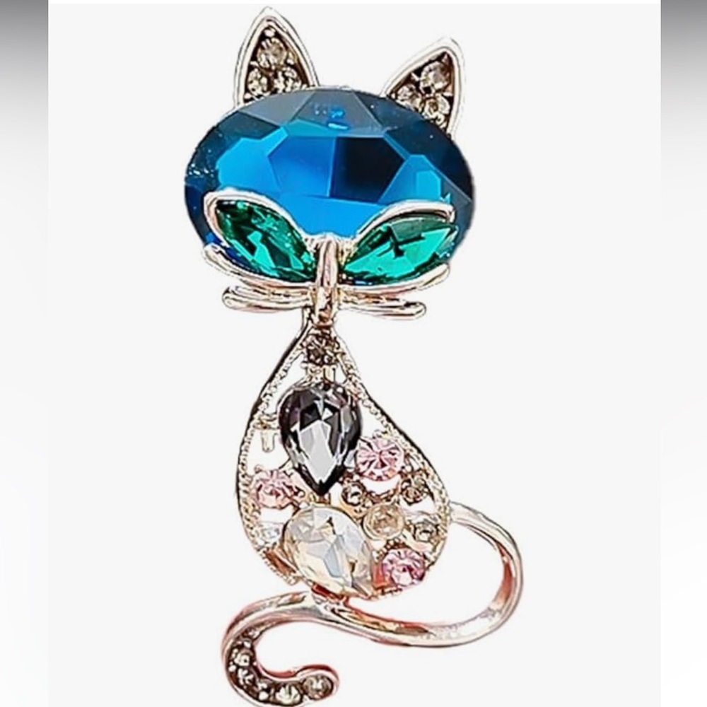 Elegant Blue and Green Cat Brooch